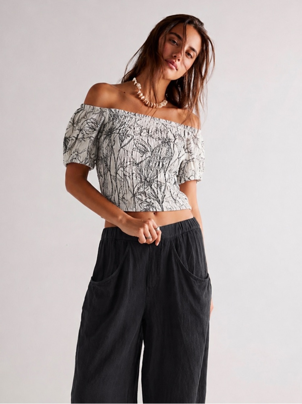 H&M White Smocked Off-Shoulder Crop Top with Black Botanical Sketch